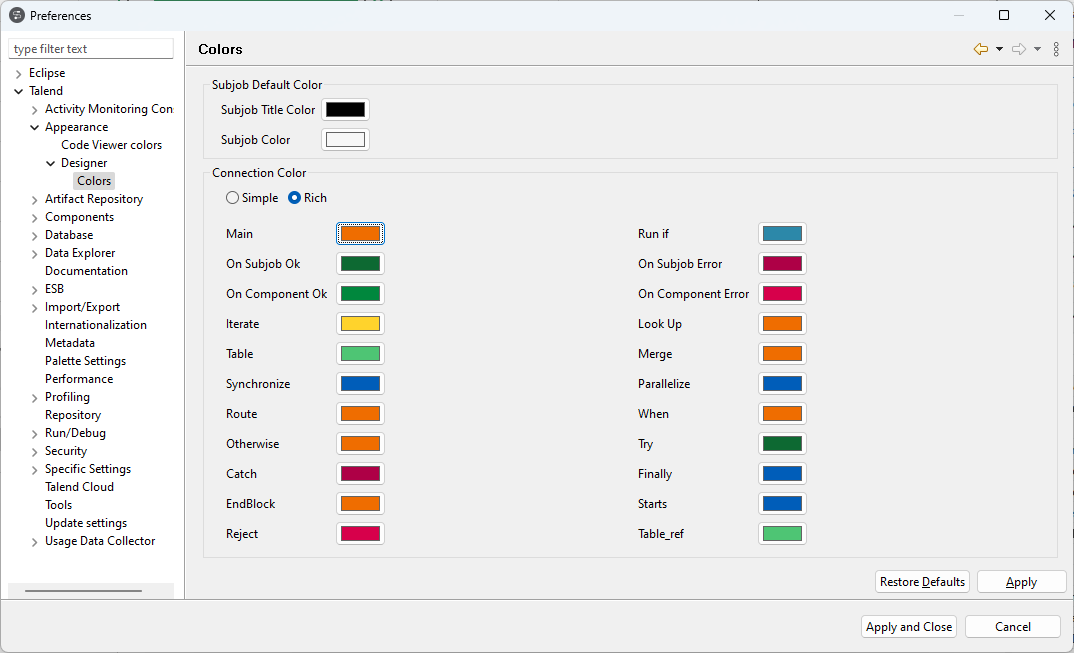 Vue Colors (Couleurs) dans l'assistant Preferences (Préférences).