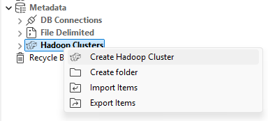 Menu contextuel du nœud Hadoop Cluster.