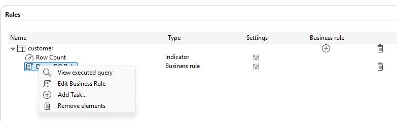 Menu contextuel d'une règle métier dans le menu Rules (Règles).