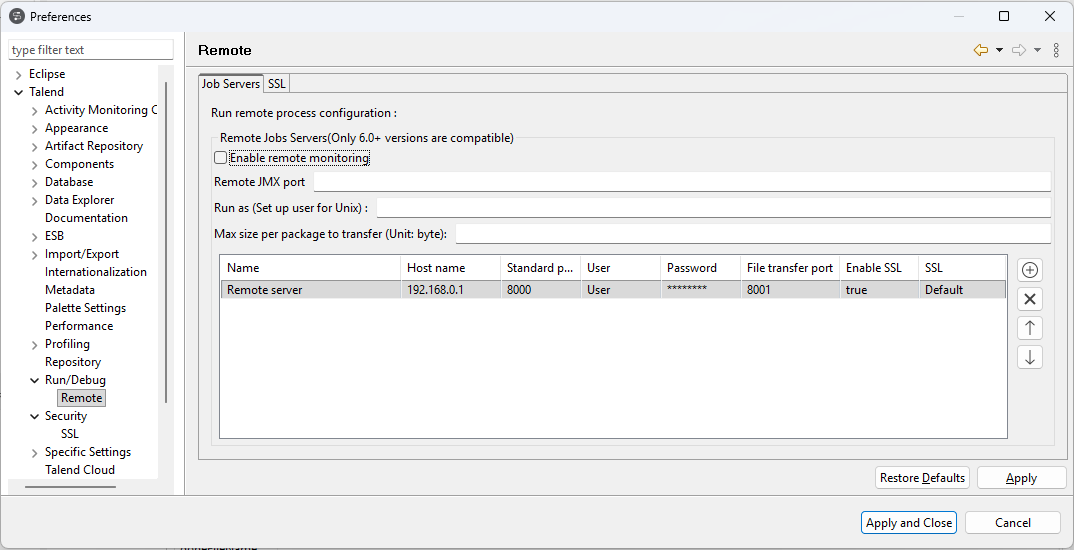 Configuration Remote (À distance) dans la fenêtre Preferences (Préférences).