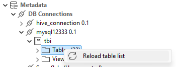 Menu contextuel d'une table dans la perspective Profiling.
