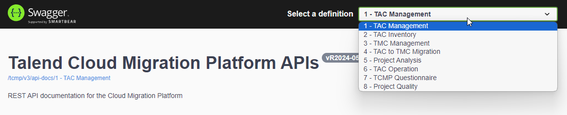 Page des API Swagger de Talend Cloud Migration Platform.