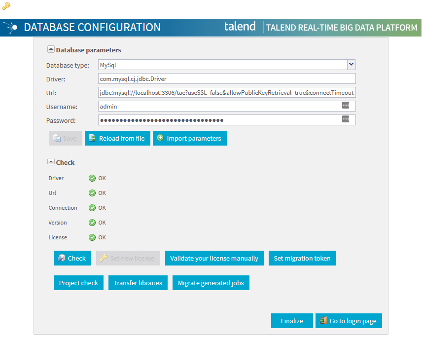 Page Database configuration (Configuration de la base de données).