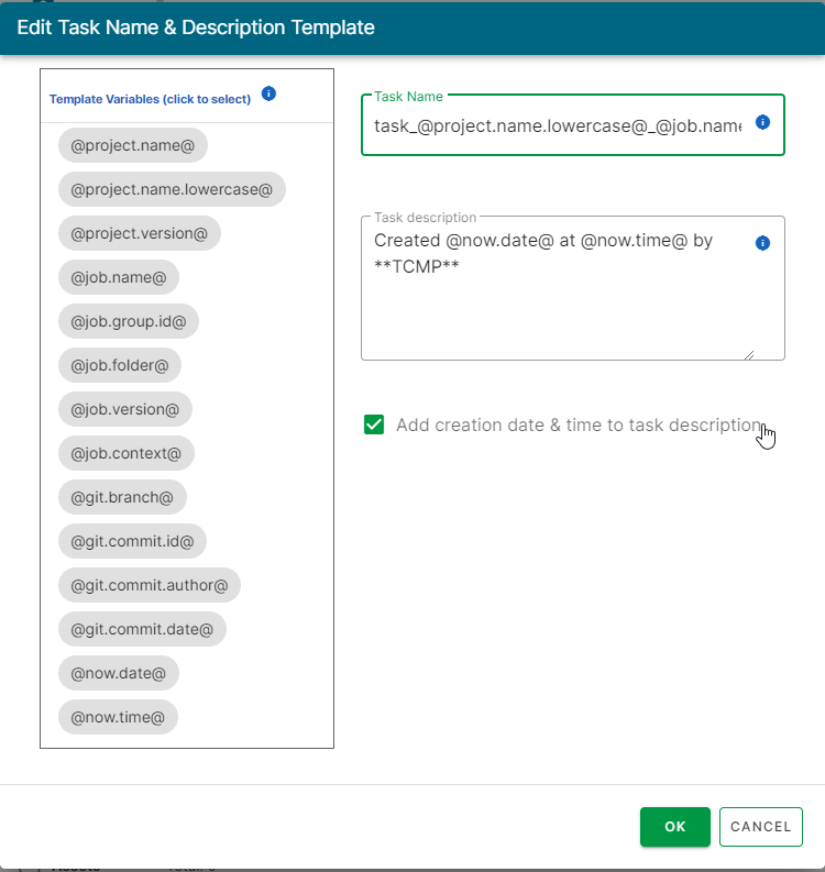 Page Edit Task Name and Description Template (Modifier le modèle de nom et de description de tâche).