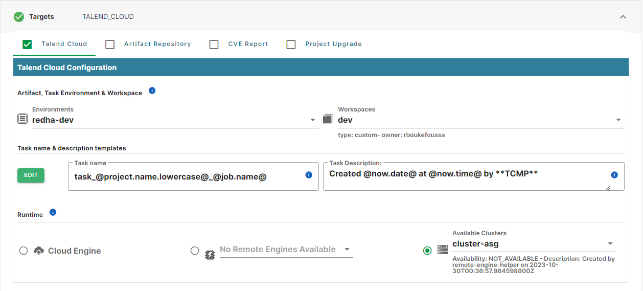 Page de configuration de Talend Cloud avec un exemple de configuration