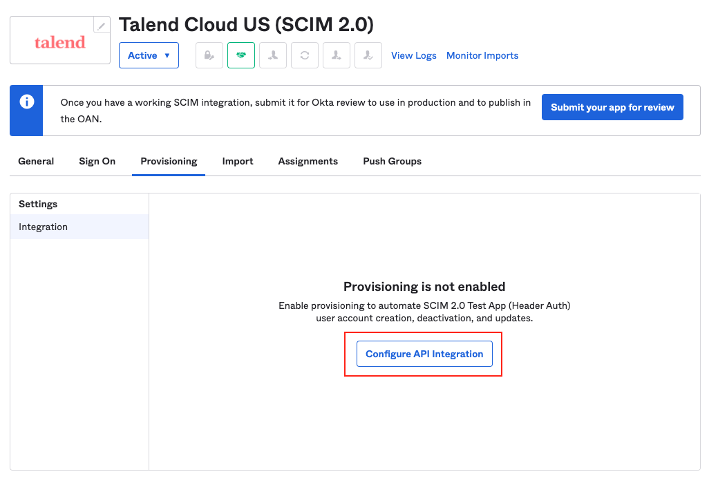 L'icône Configurate API Integration (Configurer l'intégration de l'API) s'affiche au centre de l'onglet Provisioning.