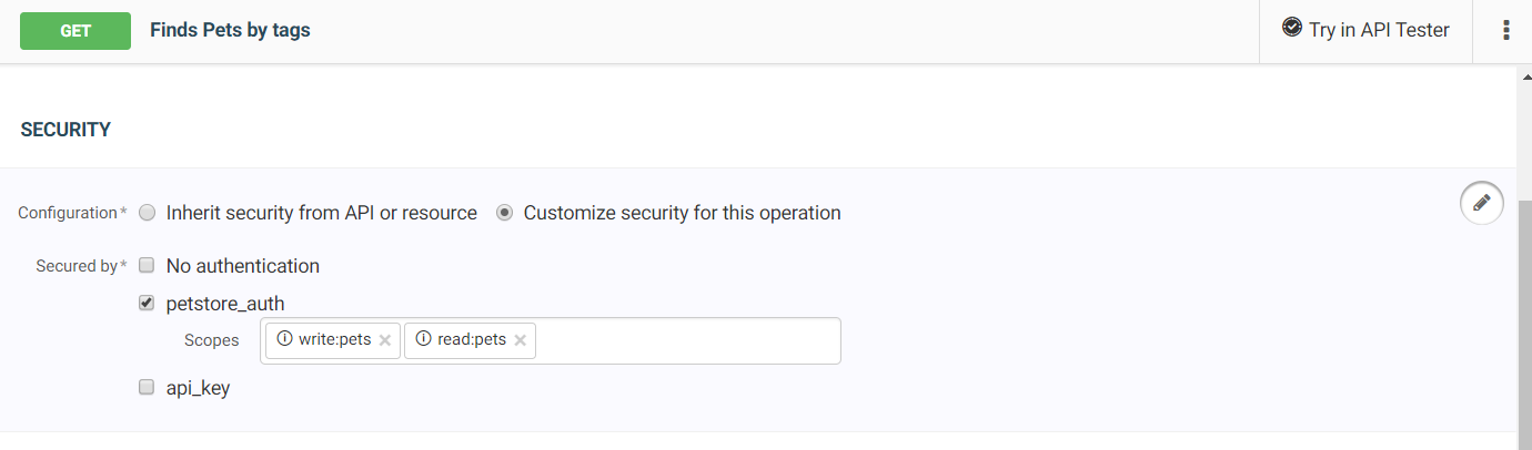 この例では、Find Pets by tagsメソッドはpetstore_authを使って保護されています。