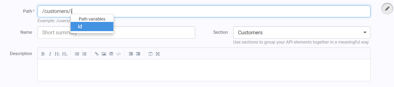 この例では、/customers/{ と入力すると、IDコンポーネントが含まれているドロップダウンリストが開きます。