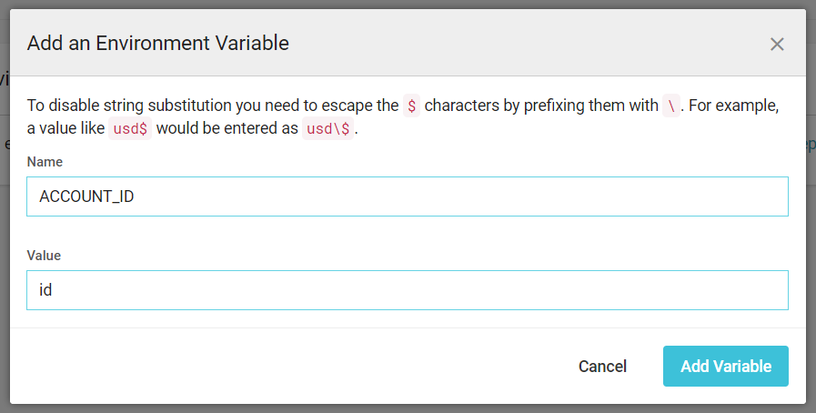 [Add an Environment Variable] (環境変数を追加)ウィンドウで、名前と値が設定されている状態。