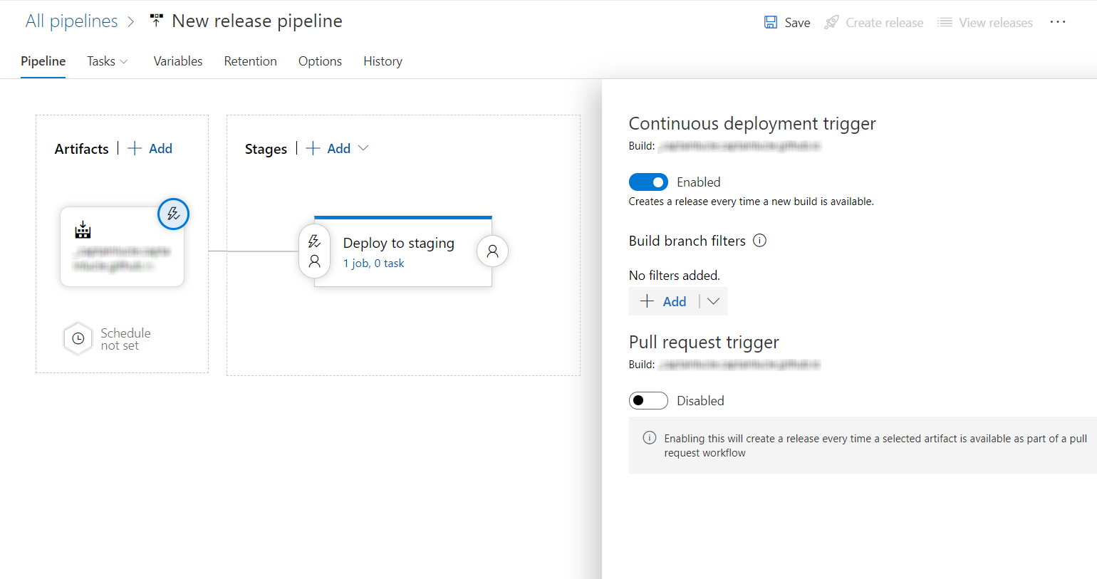 稲妻アイコンが選択され、[Continuous deployment trigger] (継続的デプロイメントトリガー)タブが開かれている状態。