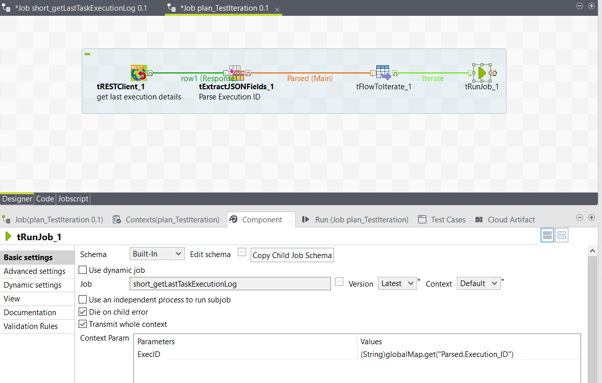 tRESTClient、tExtractJSONFields、tFlowToIterate、tRunJobの各コンポーネントを伴うジョブ。