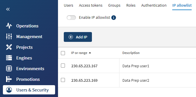 Talend Management Consoleの[IP allowlist] (IP許可リスト)タブにIPがリスト表示されている状態。