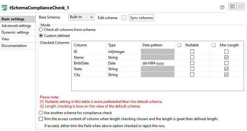 tSchemaComplianceCheckコンポーネントの設定。