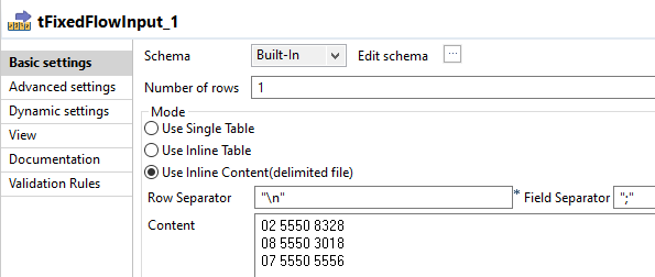 tFixedFlowInputコンポーネントの設定。