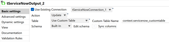 更新アクションとカスタムテーブルが選択されたtServiceNowOutput設定。