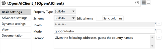 モデルがgpt-3.5-turboに設定されていることと、国籍識別のプロンプトが表示されているtOpenAIClientの基本設定画面。