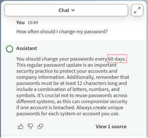 "How often should I change my password?" (パスワードはどのくらいの頻度で変更すべきか?)という質問に回答する、Qlik Cloudのアシスタント。