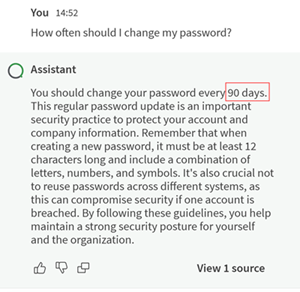"How often should I change my password?" (パスワードはどのくらいの頻度で変更すべきか?)という質問に回答する、Qlik Cloudのアシスタント。