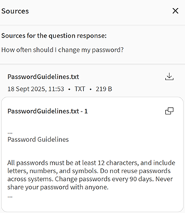 Qlik Cloudで、アシスタントがパスワードポリシーに関する質問への回答に使用したソース。