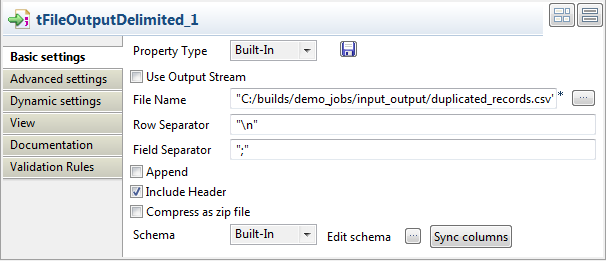 tFileOutputDelimitedコンポーネントの設定。