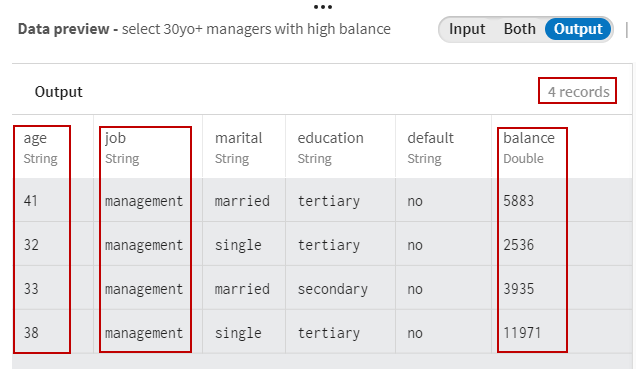 [Output data] (出力データ)プレビューで、4件のレコードがすべての基準にマッチしています。