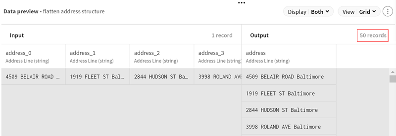 [Output data] (出力データ)プレビューで、1レコードとしてカウントされるアドレスの水平リストが、50レコードとしてカウントされるアドレスの垂直リストになっています。