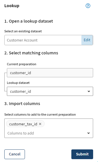 [カラムをインポート]オプションからcustomer_tax_idが選択されている状態。