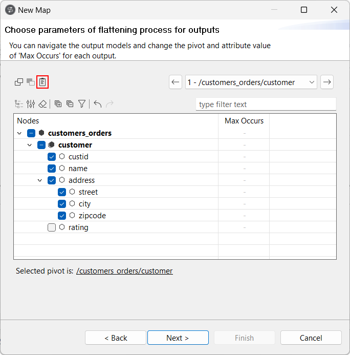 [New Map] (新しいマップ)ダイアログボックスで、[Propagate primitive fields selection to next suitable outputs] (プリミティブフィールドの選択を次の適切な出力にプロパゲート)オプションが強調表示されている状態。