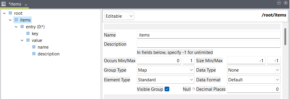 rootエレメント、そのrootエレメント内にグループタイプがMapであるitemsエレメント、そのitemsエレメント内にエントリーループ、そのエントリーループ内にkeyエレメントとvalueエレメント、そのvalueエレメント内にnameエレメントとdescriptionエレメントが含まれているData Mapperストラクチャー。