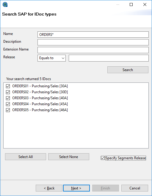 ウィザードの[Search SAP for IDoc types] (IDocタイプでSAPを検索)画面。