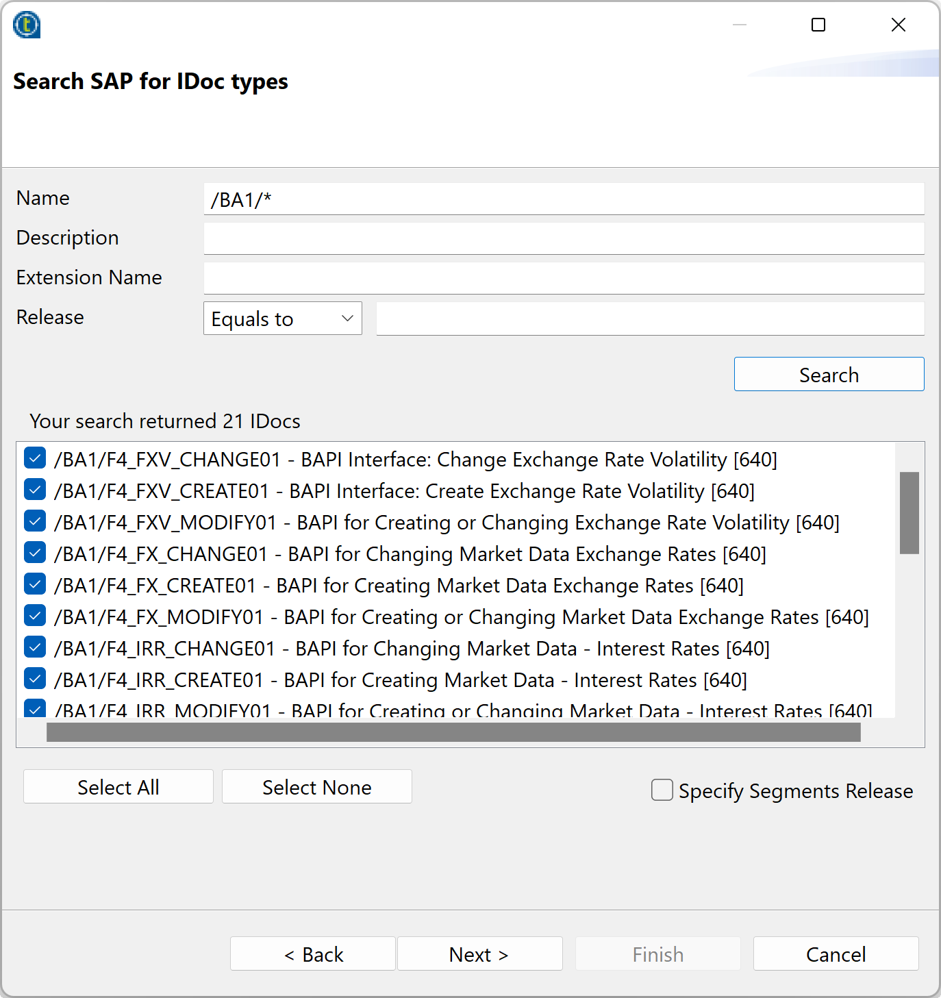 [Search SAP for IDoc types] (IDocタイプでSAPを検索)ウィンドウ。