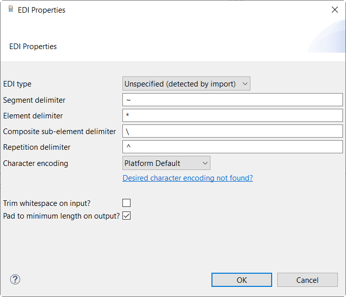 [EDI Properties] (EDIのプロパティ)ダイアログボックスの[Pad to minimum length on output?] (出力で最小サイズに増大)チェックボックス。
