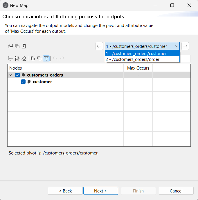 [Choose parameters of flattening process for outputs] (出力用にフラット化プロセスのパラメーターを選択)ダイアログボックス。