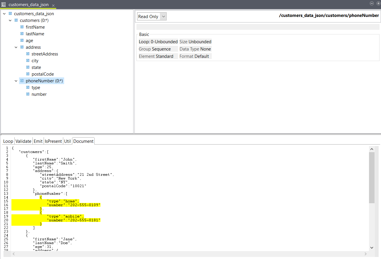 customers_data_jsonストラクチャーでphoneNumberエレメントが強調表示されている状態。