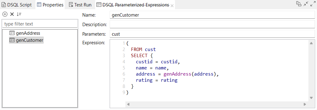 Example of the genAddressというパラメーター化済みの式がgenCustomerというパラメーター化済みの式内で使用されている例。