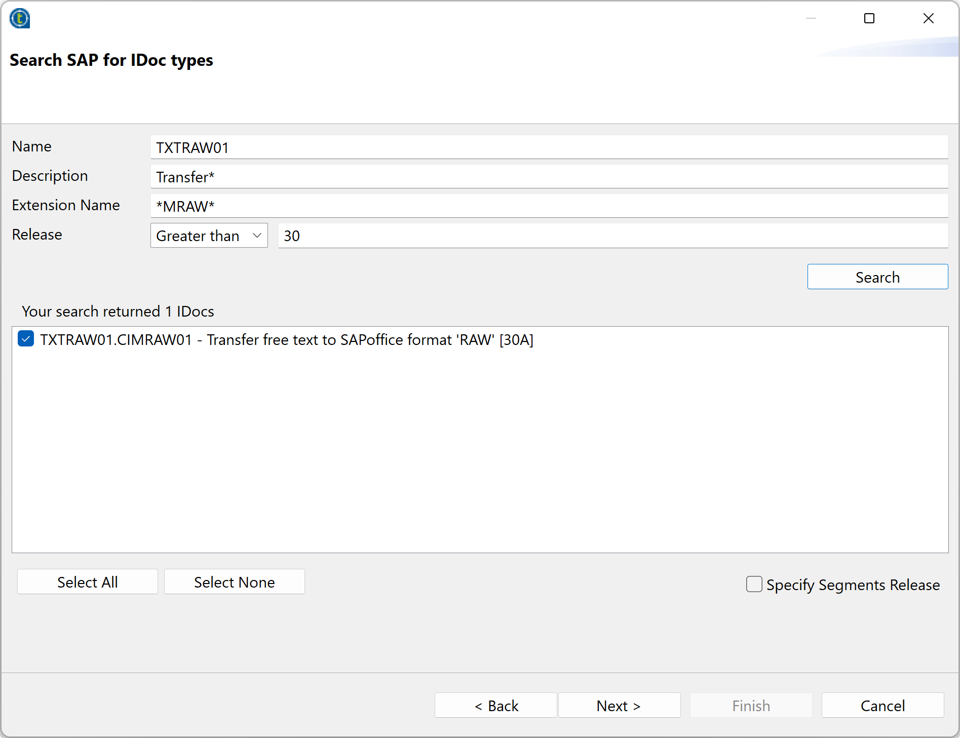 [Search SAP for IDoc types] (IDocタイプでSAPを検索)ウィンドウ。