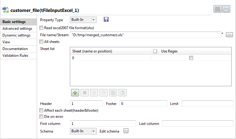 tFileInputExcelコンポーネントの設定。