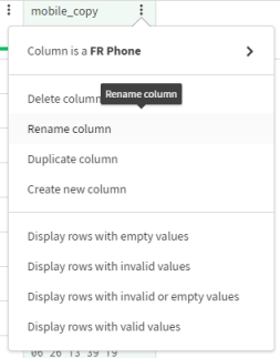 mobile_copyカラムメニューが開き、[Rename column] (カラム名を変更)オプションが選択されている状態。