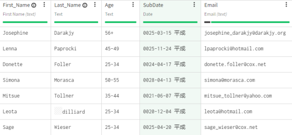 データセットに顧客情報が含まれ、SubDateカラムが強調表示されている状態。