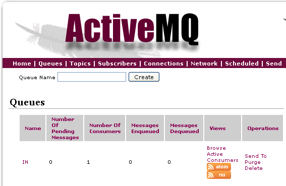 ActiveMQインターフェイスでの入力側のキューのスクリーンショット。キューにコンシューマーが1人います。