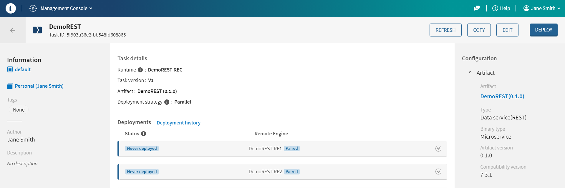 DemoRESTタスクページの[Deployments] (デプロイメント)タブに、Remotes Engineがペアになって表示されます。