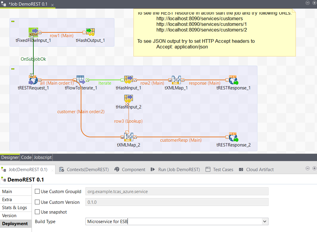 DemoREST 0.1ジョブの[Deployment] (デプロイメント)メニューで、[Build Type] (ビルドタイプ)ドロップダウンリストの[Microservice for ESB] (ESB用のマイクロサービス)オプションを選択します。