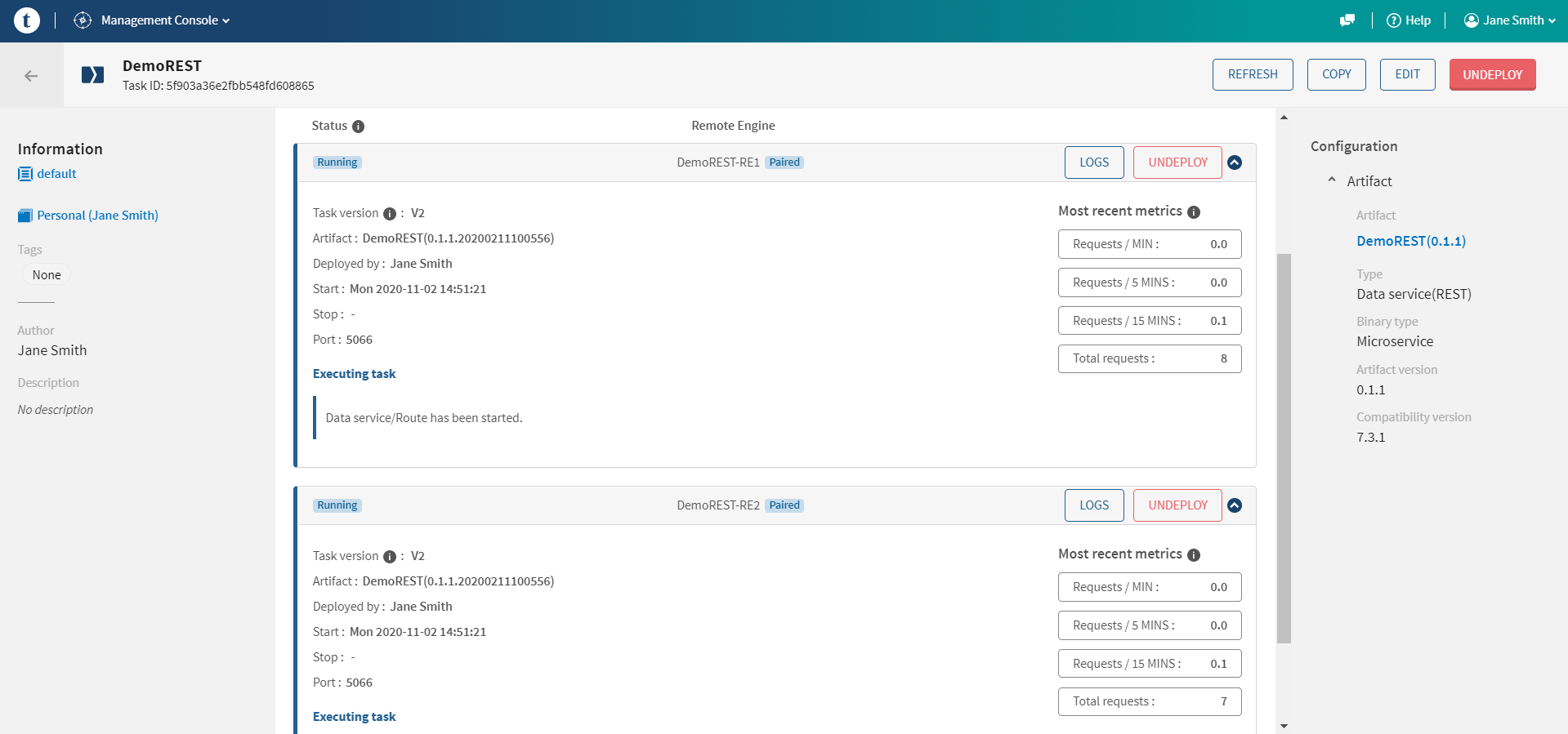 DemoRESTタスクページの[Deployments] (デプロイメント)タブにあるRemotes Engineを実行。