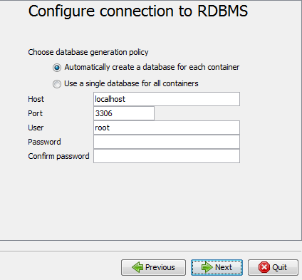 [Configure connection to RDBMS] (RDBMSへの接続を設定)ウィンドウ。