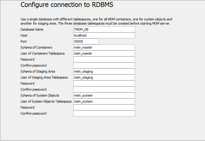 [Configure connection to RDBMS] (RDBMSへの接続を設定)ウィンドウ。