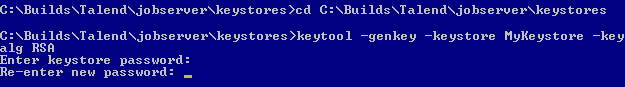 コマンドインターフェイスでは、キーストアパスワードを2回入力するようプロンプトが表示されます。