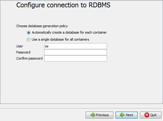 [Configure connection to RDBMS] (RDBMSへの接続を設定)ウィンドウ。