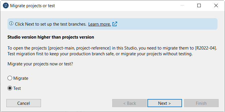 [Migrate projects or test] (プロジェクトを移行またはテスト)ウィザード。