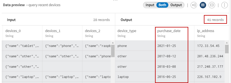 クエリーでデバイスレコードを処理した後のData Shaping Languageプロセッサーのプレビュー。