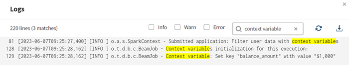 [Logs] (ログ)パネルでは、ランタイムで使われるコンテキスト変数の関連情報が強調表示されます。